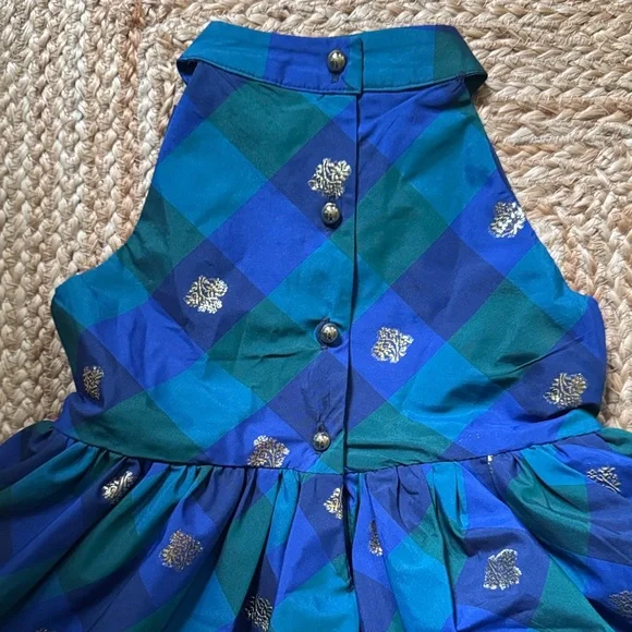 Janie & Jack Blue, Green, and Gold Plaid Party Dress with Bow - Picture 3 of 5